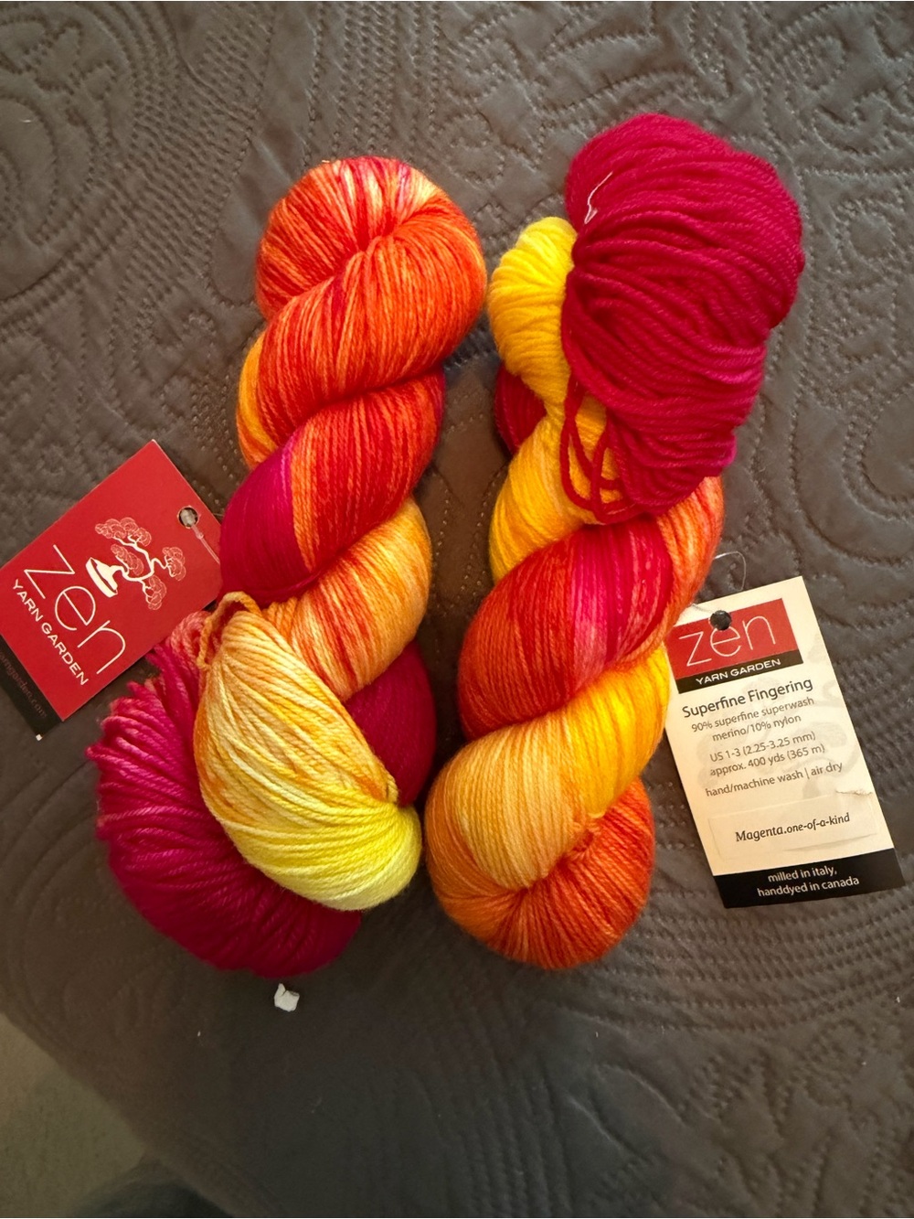 Zen premium yarn Magenta & Sunset Hand-Dyed Fingering Yarn lot of 2
